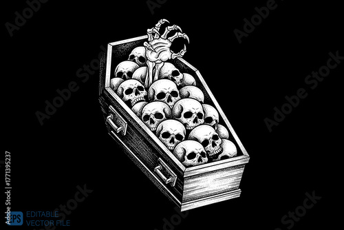 Coffin filled with human skulls, a macabre and symbolic illustra