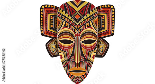 Colorful Ornamental African Tribal Mask with Geometric Patterns and Textures