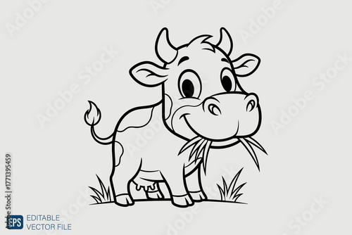 Cute Cartoon Cow Eating Grass Line Art Illustration.