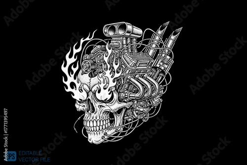 Flaming Skull with Engine Parts Illustration on Black Background