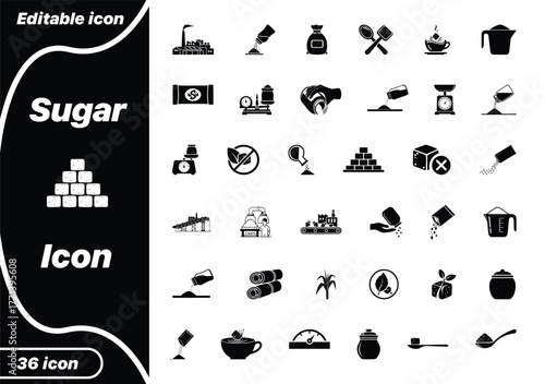 Sugar bold Icon Set – Silhouette Vector Icons of Sweet, Cube, Candy, Spoon, Dessert, and Sugar Jar Symbols for Food and Cooking Design