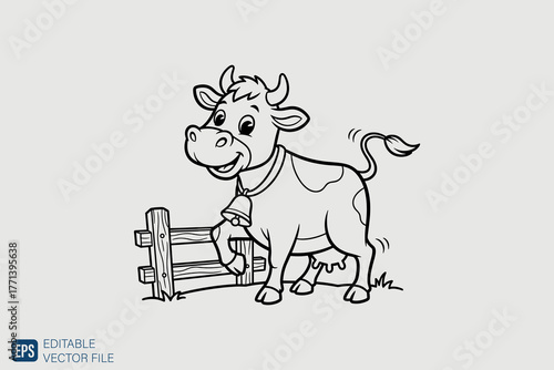 Happy cartoon cow standing by a rustic farm fence illustration.
