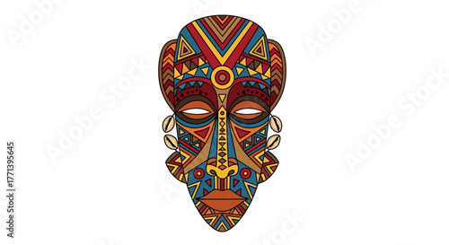 Stylized African tribal mask with vibrant colors and traditional geometric patterns. Isolated vector graphic for cultural design