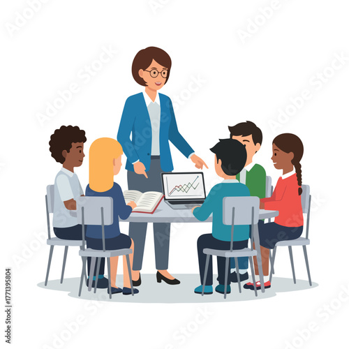 Female teacher explaining a lesson to a diverse group of students.