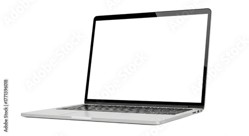 A silver laptop computer with a blank white screen, angled slightly open on a white background.