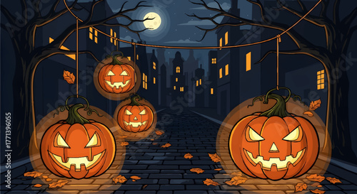 Halloween night decorated street with carved pumpkins and autumn leaves