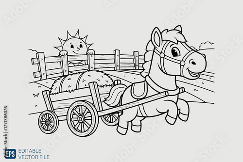 Cute Cartoon Horse Pulling a Hay Cart Coloring Page.