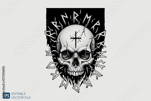 Grinning Skull with Cross and Runic Inscriptions Tattoo Design.
