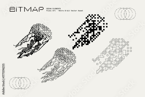 Bitmap Vector Ocean Elements, Jelly Fish Pixel Art, Retro 8-Bit Minimal Abstract Illustration, Textured Graphic Design Assets
