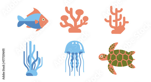 Ocean Life Illustration of Fish Jellyfish Turtle and Coral Reefs