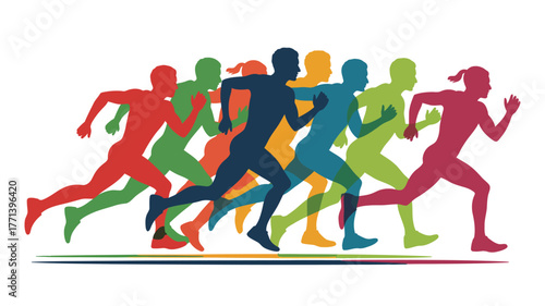 Colorful silhouettes of runners in motion against a white background in an illustration style