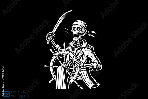 Pirate Skeleton Captain Steering Ship Wheel with Cutlass.