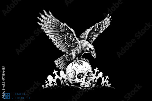 Eagle Perched on Skull with Gravestones in a Dark, Mysterious Se