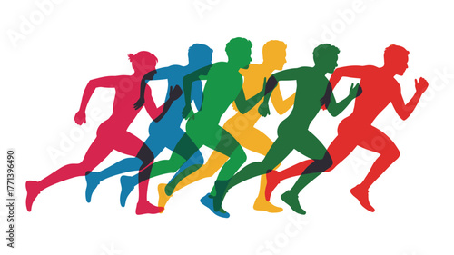Colorful overlapping silhouettes of runners in motion against a white background showing athleticism and speed
