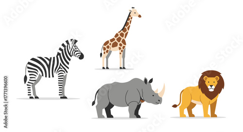 Cartoonish African Animals Set Lion Zebra Giraffe Rhinoceros Isolated