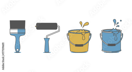 Painting supplies with brush roller and buckets of colorful paint