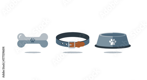Collection of dog accessories in simplistic design bone bowl and collar