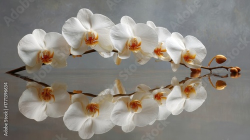 Wallpaper Mural Elegant White Orchid Blossoms with Reflection on Water Surface in Soft Gray Background Torontodigital.ca