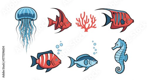 Colorful Sea Life Illustration with Jellyfish Seahorse and Tropical Fish