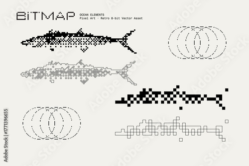 Bitmap Vector Ocean Elements, King Mackerel Fish Pixel Art, Retro 8-Bit Minimal Abstract Illustration, Textured Graphic Design Assets