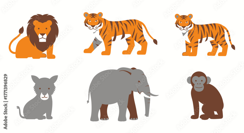 Naklejka premium Cartoon Safari Animals Set Lion Tiger Elephant Fox Monkey Illustrations