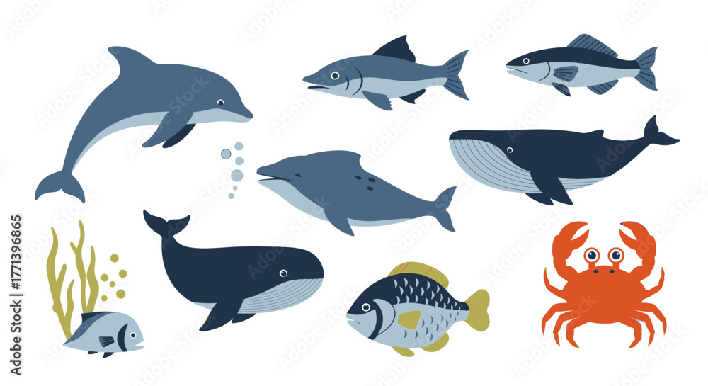 Fototapeta premium Underwater Marine Animals Illustration Set Ocean Creatures Vector Design