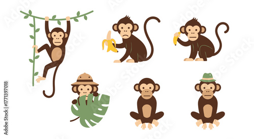 Cartoon Monkey Poses Jungle Animal Illustration
