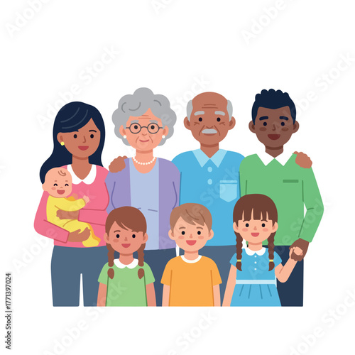 Happy multi-generational diverse family standing together smiling.