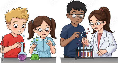 Children doing science experiments, STEM education, kids in laboratory, teamwork learning, colorful liquids, chemistry project, curiosity, discovery, hands-on study, collaboration