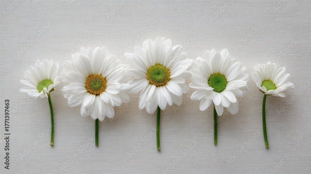 Obraz premium Five White Daisies on a Textured Background Showcasing Natural Beauty and Delicate Petals