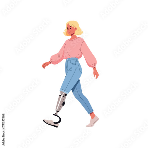 Young woman with a prosthetic leg walking forward confidently.