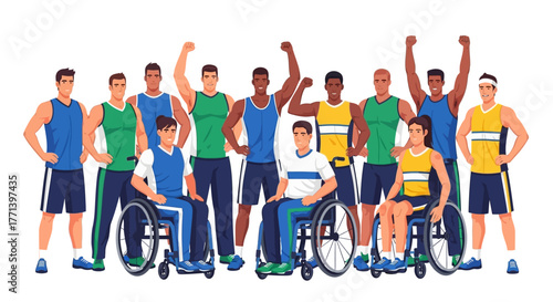 Group of diverse athletes, including those with disabilities, celebrating success with arms raised
