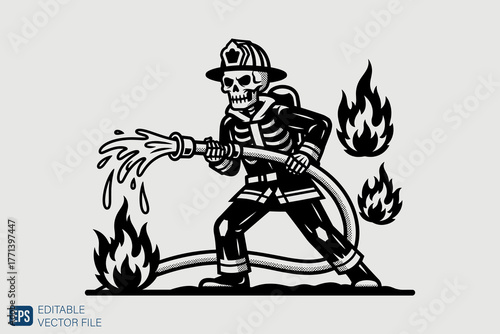 Skeleton Firefighter Extinguishing Flames with Water Hose Vector