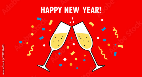 Celebratory champagne glasses clinking with confetti for New Year