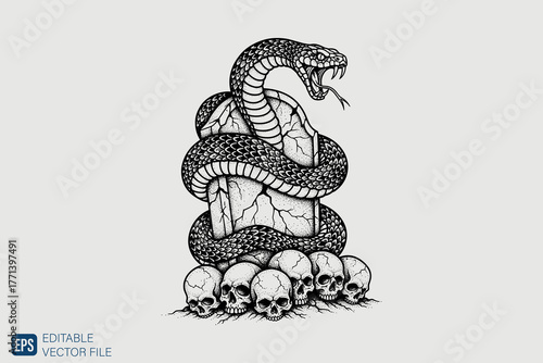 Intricate Hand-Drawn Snake Coiled Around a Tombstone with Skulls