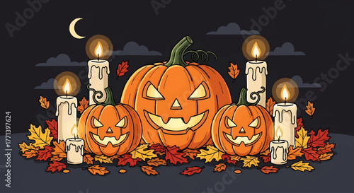 Halloween Pumpkins and Candles Scene on Dark Background