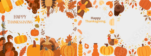 Vector Thanksgiving card featuring a flat design style with bold geometric shapes and vibrant colors, including warm orange and yellow hues