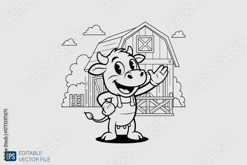 Happy Cartoon Cow Character Waving Hand.