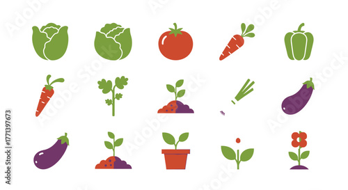 Garden Vegetable and Plant Icons Cute Flat Isolated Set
