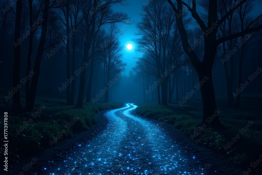 Fototapeta premium Bioluminescent forest path glowing under moonlight.