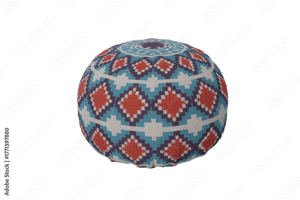 Obraz premium Vibrantly patterned spherical textile pouf featuring intricate geometric designs in red-orange, blue, and white against a solid background. background removed