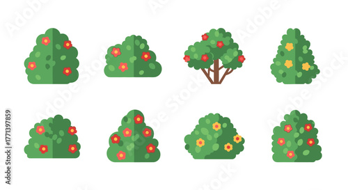 Collection of stylized shrub bushes and flowering trees on white background