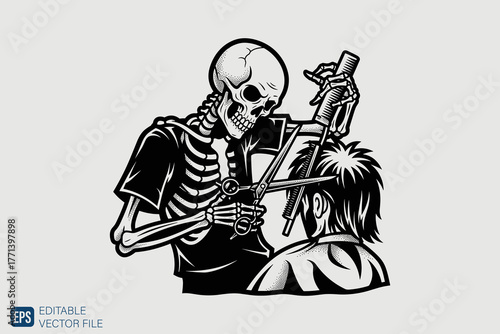 Skeleton Barber Giving Haircut to Client in Monochrome Style.