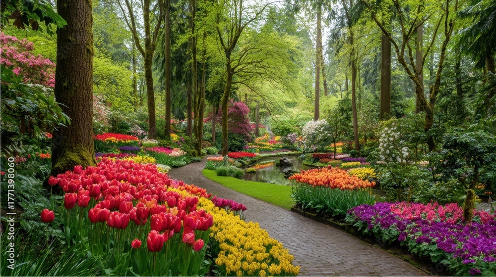 Fototapeta premium Vibrant Spring Garden Pathway with Colorful Tulips and Blooming Flowers in Lush Green Forest Setting