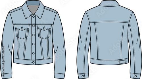 Men’s denim jacket fashion flat sketch with front chest pockets, button closure, long sleeves, topstitch detail vector illustration