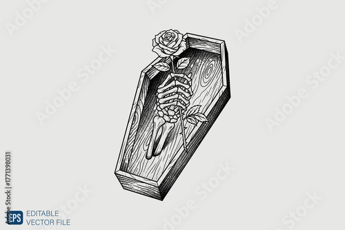 Skeleton and Rose in Coffin Engraving Illustration.