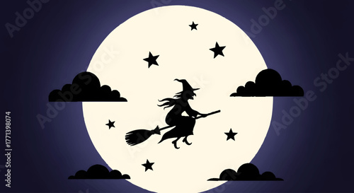 Halloween Witch Flying Silhouette Under Moon and Stars