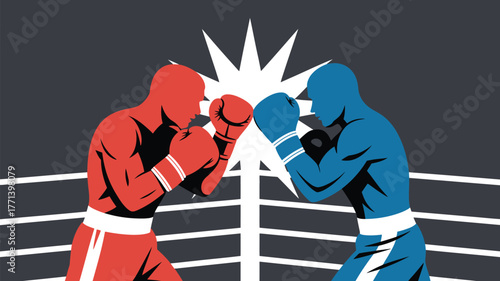 Two boxers facing each other in a boxing ring with a bright flash between them in a stylized image
