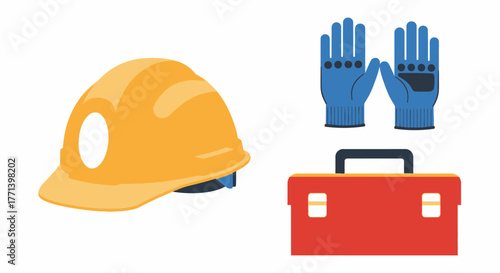 Construction safety gear vector graphic: hard hat toolbox and gloves