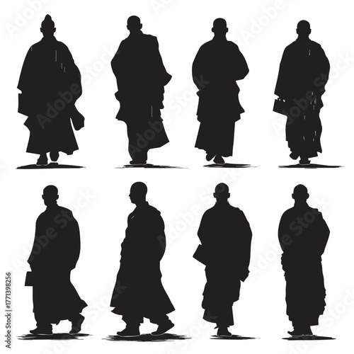 collection of illustrations of silhouettes of male monk